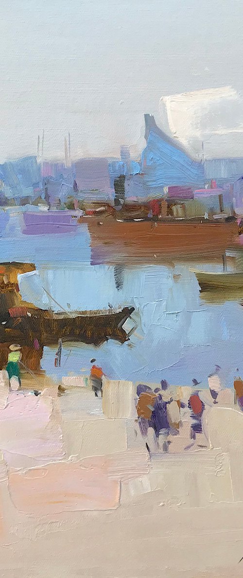 Harbor, Original oil painting, Handmade artwork, One of a kind by Vahe Yeremyan