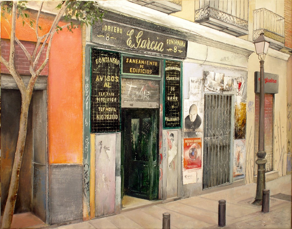 Photorealistic Cityscapes Oil Painting By Tomas Castano, 24 X 18", Fontaneri?a E.garcia-Madrid, Original Artwork