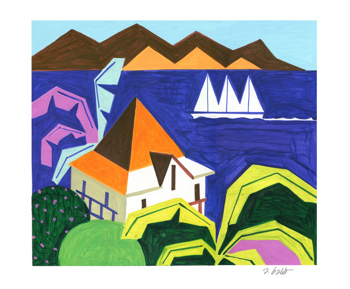 Graphic Acrylic Painting , Les_Saintes-French_Indies By Andre Baldet, 15 X 13, Artwork For Sale On Artfinder