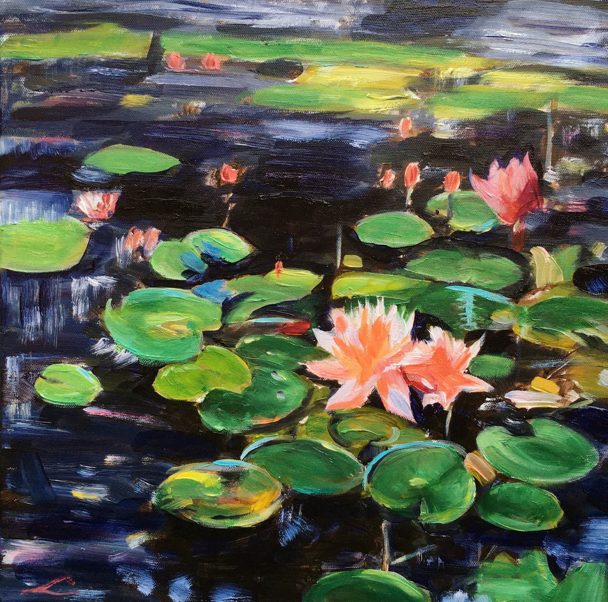 Impressionistic Botanical Oil Painting By Elena Sokolova, 16 X 16, Waterlilies 3, Original Artwork