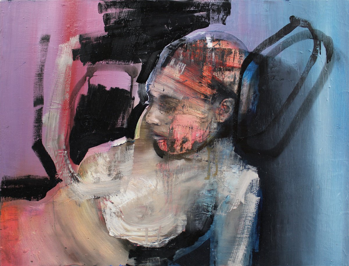 Expressive Portrait Oil Painting By Milos Hronec, 31 X 24", Self-Love, Original Artwork