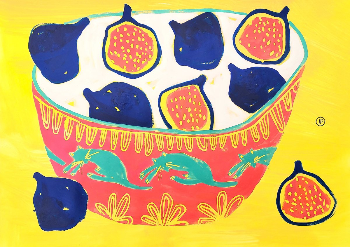 Impressionistic Animal Acrylic Painting By Irina Plaksina, 23 X 17, Figs And Cats, Original Artwork