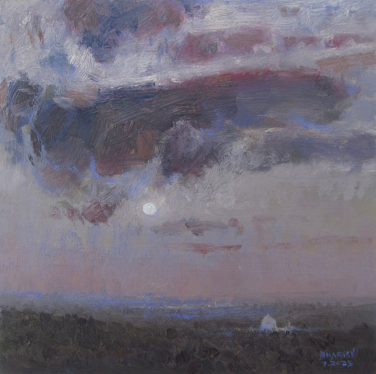 Impressionistic Landscape Oil Painting By Bhargavkumar Kulkarni, 10 X 10, Heavy Clouds, Light Moon, Original Artwork