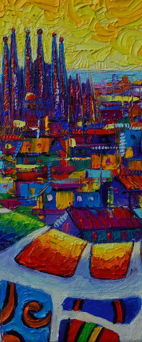 BARCELONA VIEW AT SUNRISE SAGRADA FAMILIA SEEN FROM PARK GUELL modern impressionist abstract stylized cityscape palette knife oil painting by Ana Maria Edulescu by ANA MARIA EDULESCU