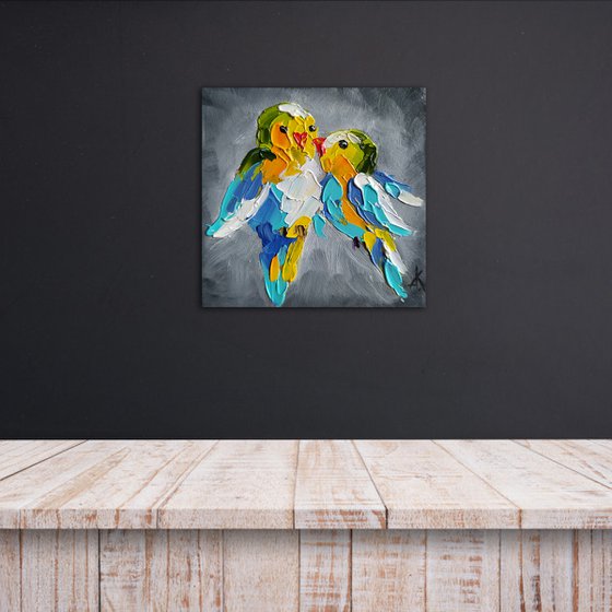 Birds love - love, birds, animals oil painting, art bird, Impressionism, palette knife, gift.