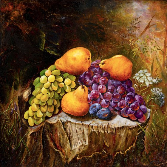 Still life with pears and grapes on an old tree stump