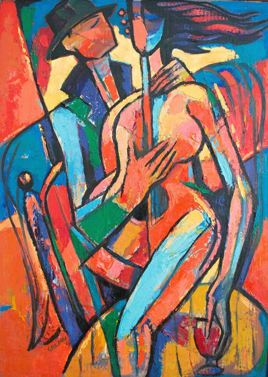 Expressive Portrait Oil Painting By Rumen Sazdov, 24 X 33", Guitar Mystery, Original Artwork