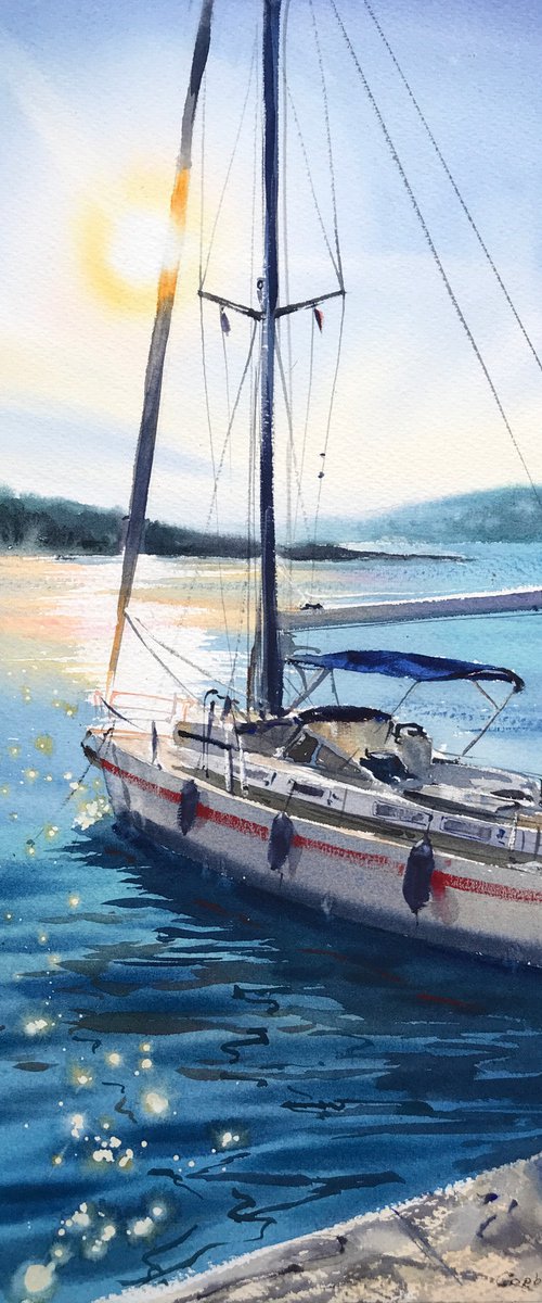 Yacht at anchor at sunset by Eugenia Gorbacheva