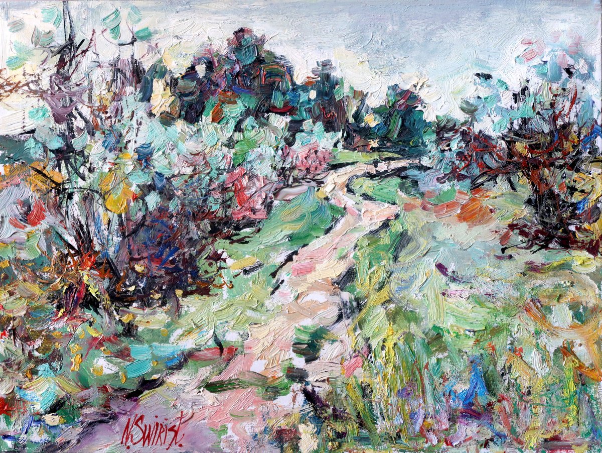 Impressionistic Landscape Oil Painting By Nikifor Swiristuhin, 16 X 12", Spring Path., Original Artwork