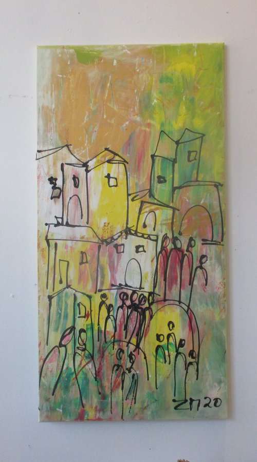 green street life in spring  xl Acrylpainting  19,7 x 39,4inch by Sonja Zeltner-Müller