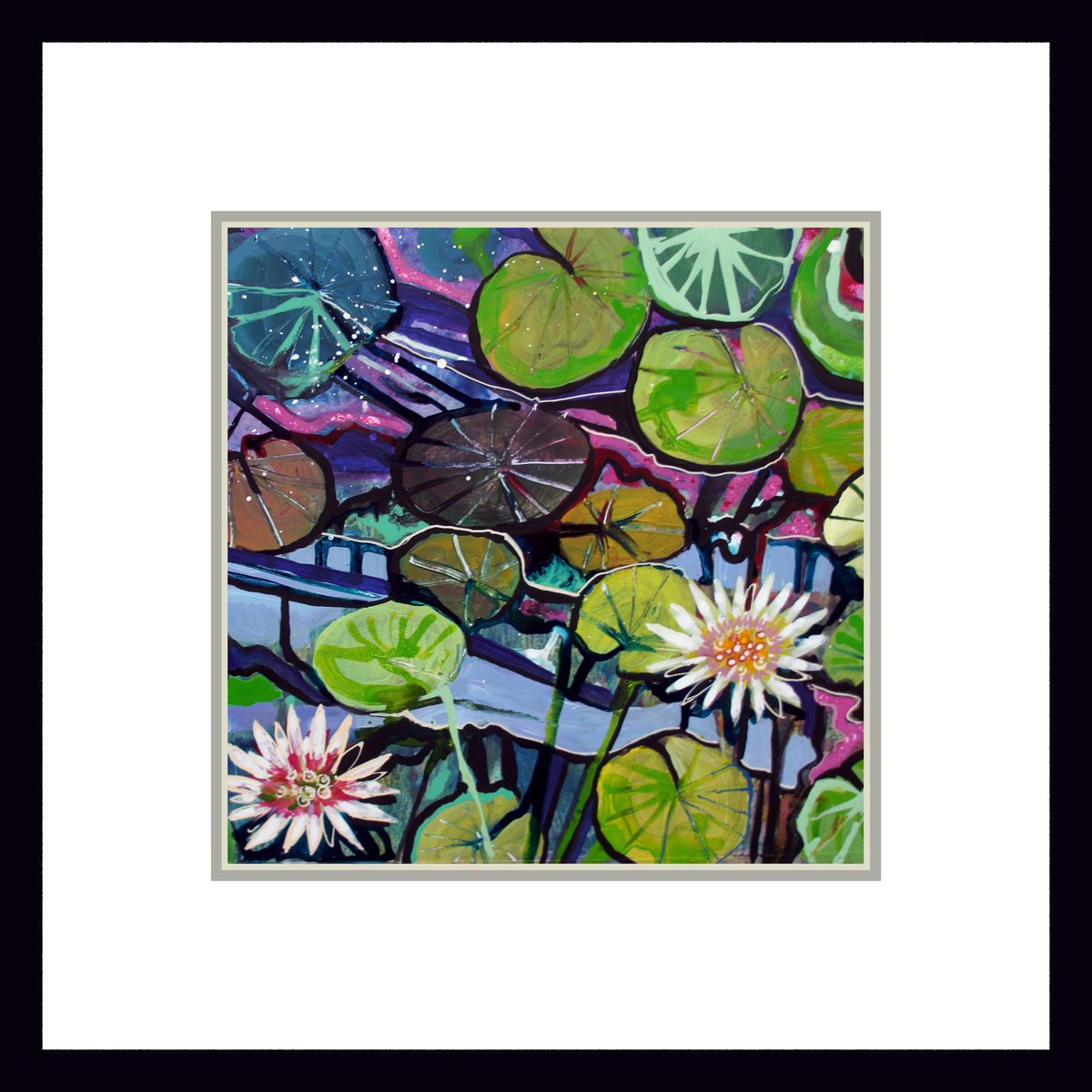 Organic Botanical Acrylic Painting By Julia Rigby, 9 X 9", Lily Pond, Original Artwork