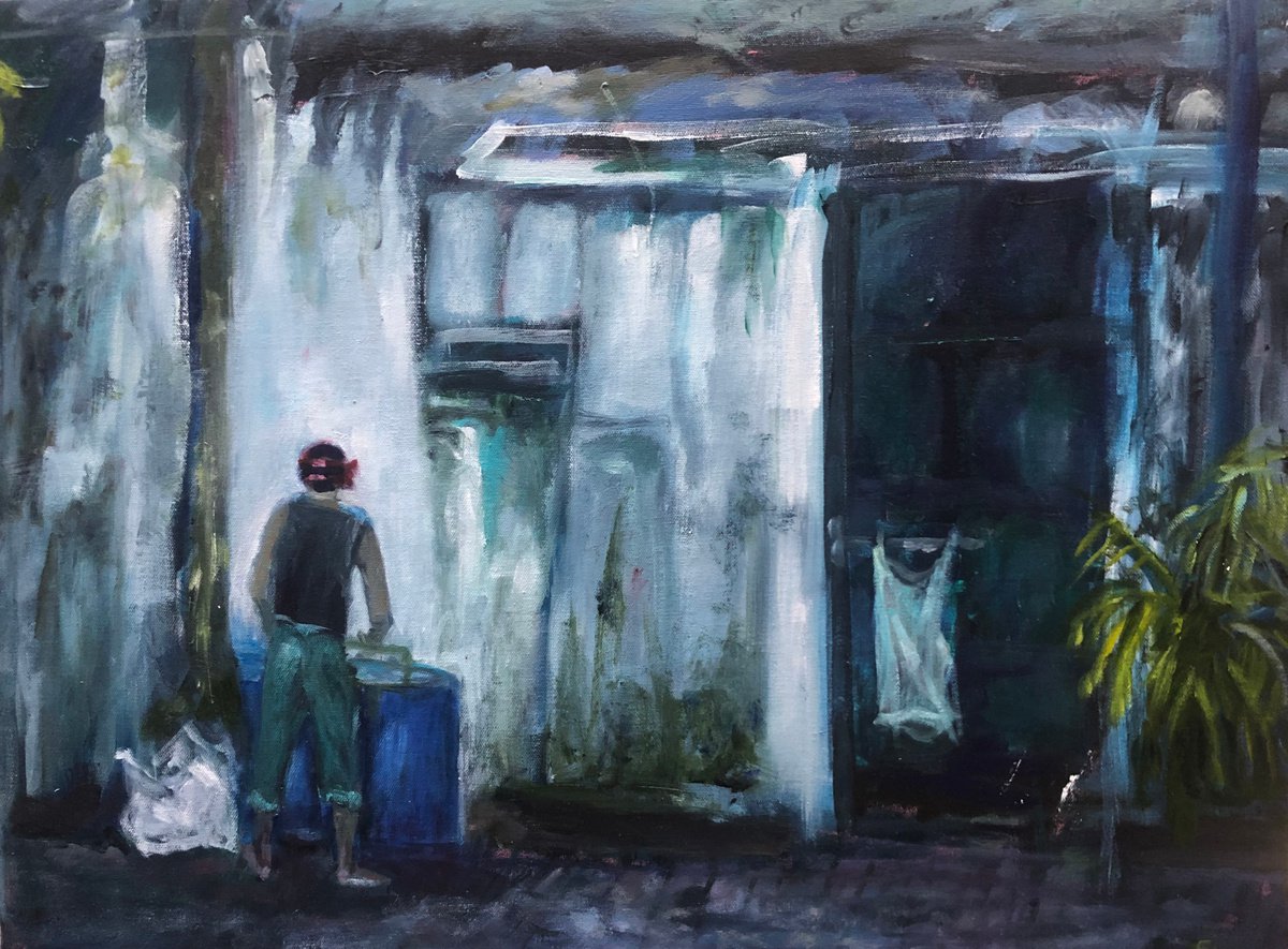 Impressionistic Cityscapes Oil Painting By Maureen Finck, 24 X 18", Laundry Day In Kolkata, India, Original Artwork