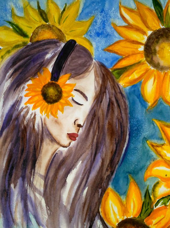 Woman with sunflowers. I close my eyes to see.