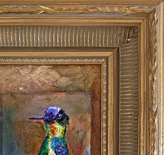 Fiery-throated hummingbird oil painting on gessoed masonite mounted on gessoed panelboard gold frame 4x6