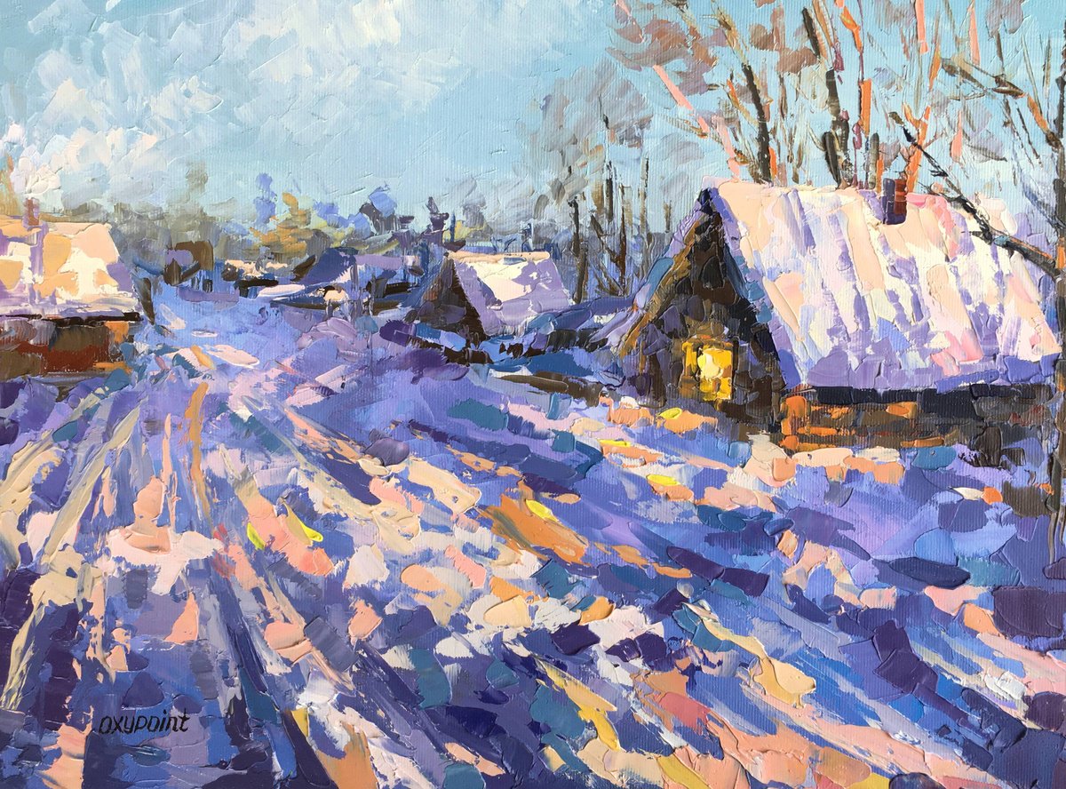 Impressionistic Landscape Oil Painting By Oxypoint, 16 X 12", "Winter Evening...", Original Artwork