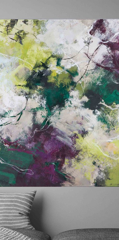 "Galaxy" Abstract green purple white art by Nina