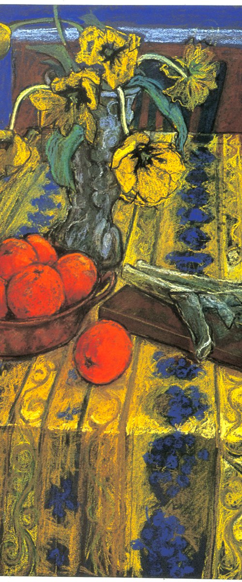 French Tablecloth and oranges still life by Patricia Clements