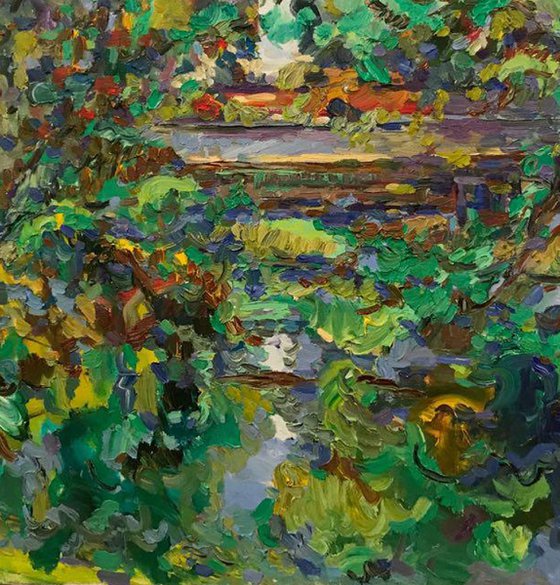 LANDSCAPE. SUMMER - original painting, nature, green Moscow park, size 90x100