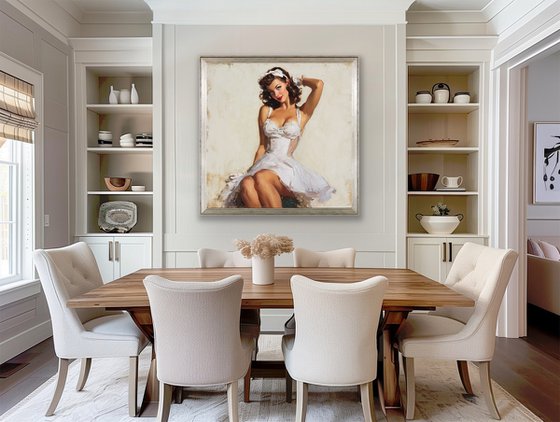 Vintage Pin-Up Girl Oil Painting