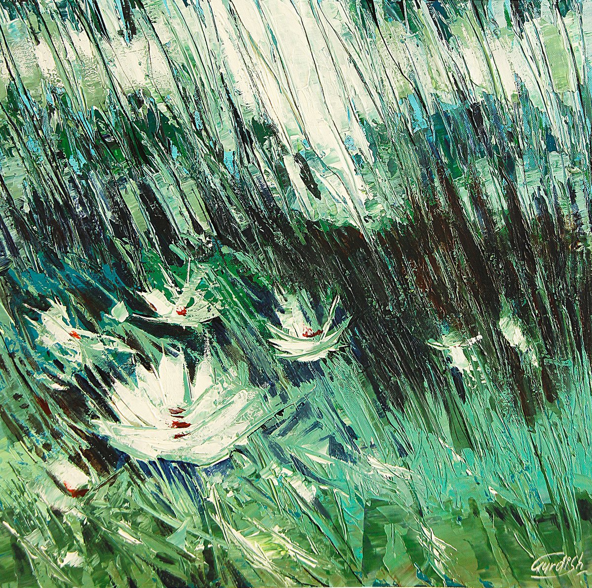 Abstract Botanical Acrylic Painting By Artist Gurdish Pannu, 18 X 18, White Waterlilies Painting, Original Artwork