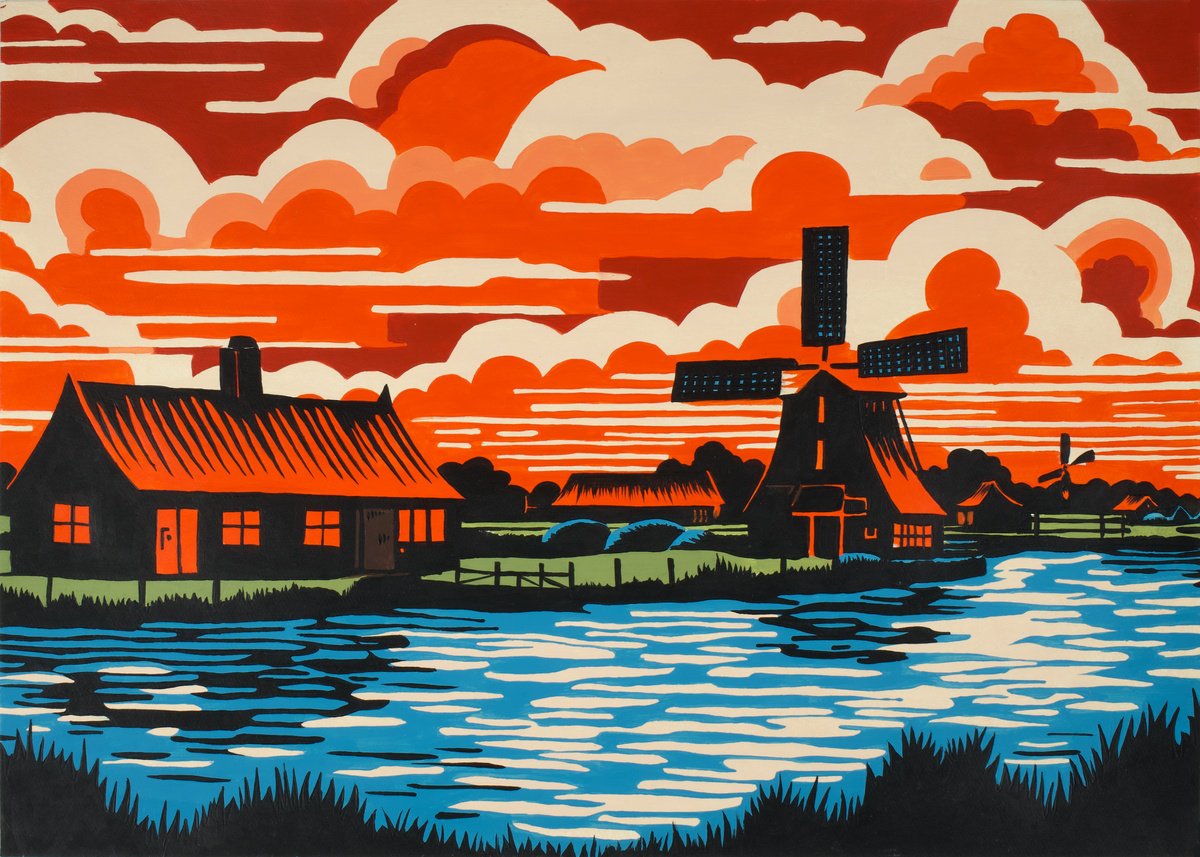 Illustrative Landscape Acrylic Painting By Kosta Morr, 17 X 12", Dutch Sunset, Original Artwork