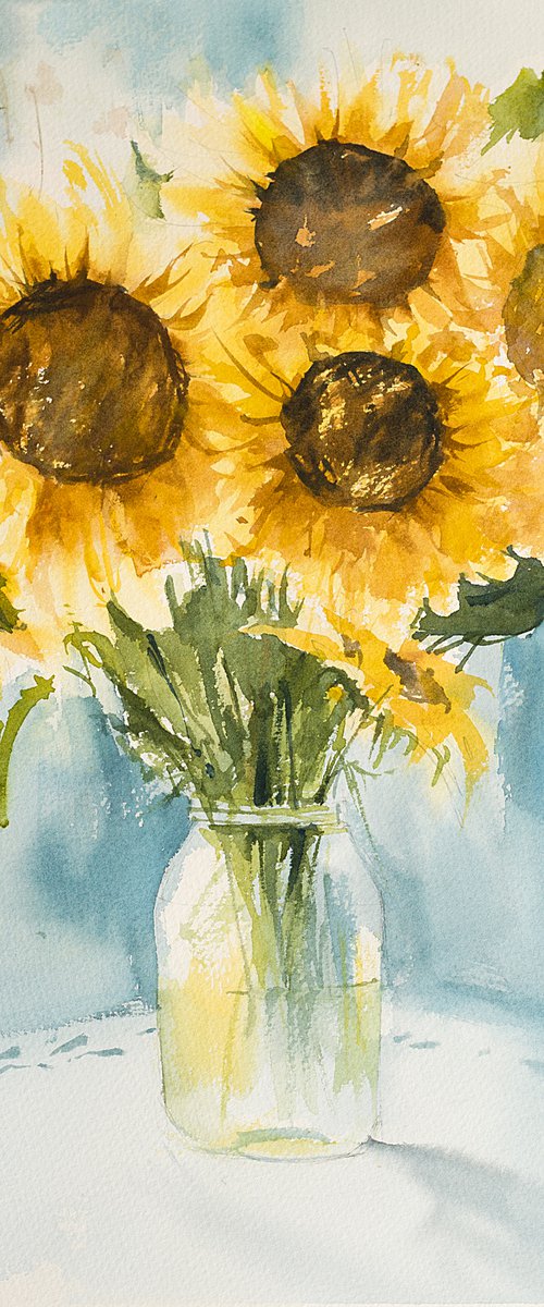 Sunflowers on turquoise. Medium format watercolor painting. Original bright interior provence decor yellow light gift by Sasha Romm