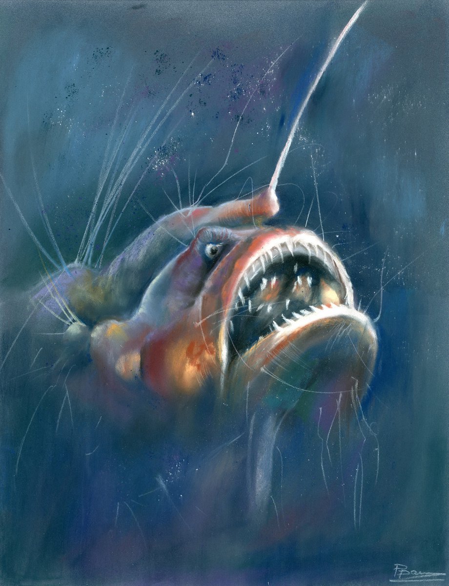 Impressionistic Animal Pastel Drawing By Olga Tchefranov (Shefranov), 12 X 16", Anglerfish, Original Artwork