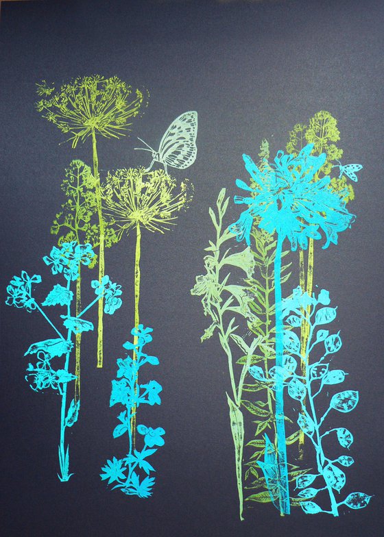 Flora and fauna (fresh green/blue tones on Black Russian cardstock #3)