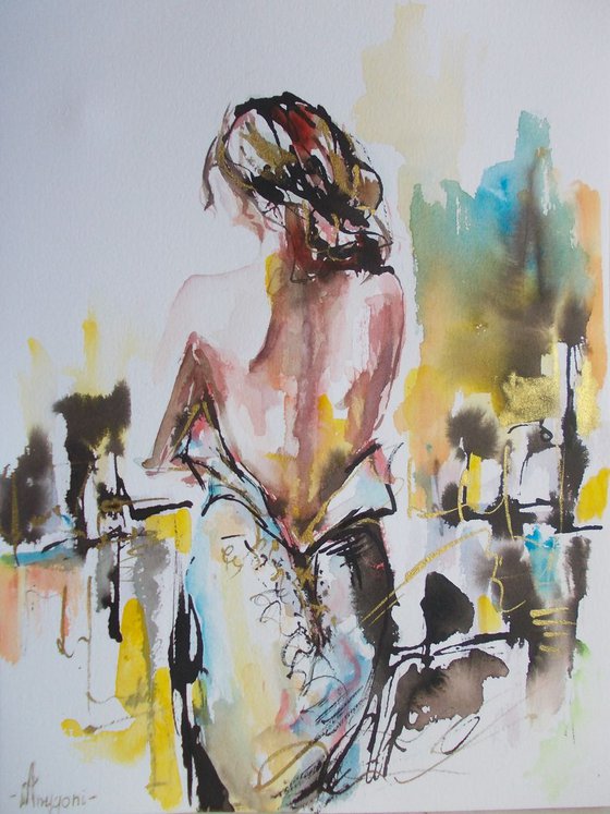 Study for Velvet Sun II-Woman Watercolor and Ink on Paper