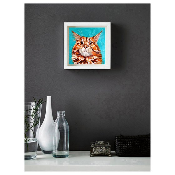 Funny Ginger, Cat Oil Painting Original Art Ginger Maine Coon Pet Portrait