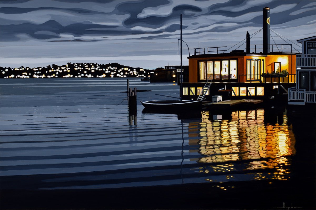Photorealistic Landscape Acrylic Painting By Alex Nizovsky, 36 X 24, Yellow Ferry Dock / Night #2, Original Artwork