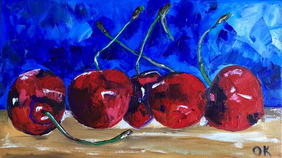 Cherries. Still life. Palette knife painting on linen canvas