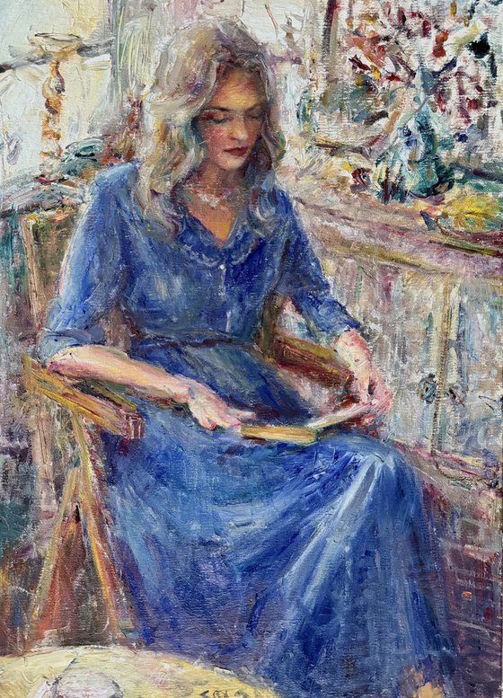 Woman in a blue dress