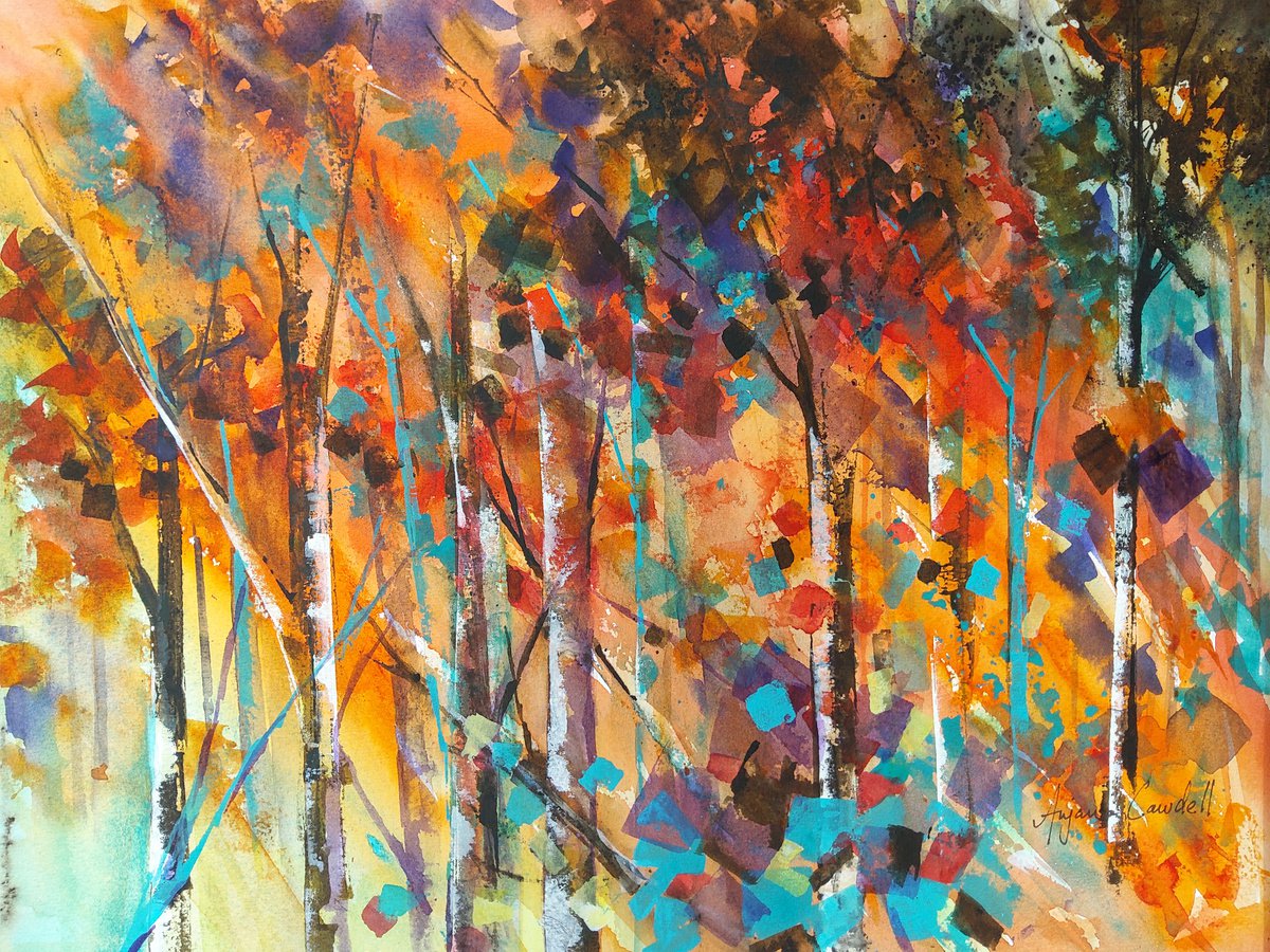 Autumnal landscape painting, Autumn Glow, Autumn Wall Art, Original Art, Watercolour Paint... by Anjana Cawdell