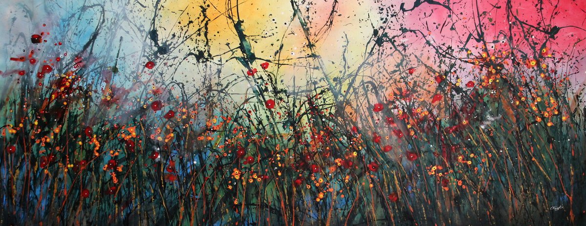 Expressive Botanical Acrylic Painting By Cecilia Frigati, 87 X 37, Rise Again #1, Original Artwork