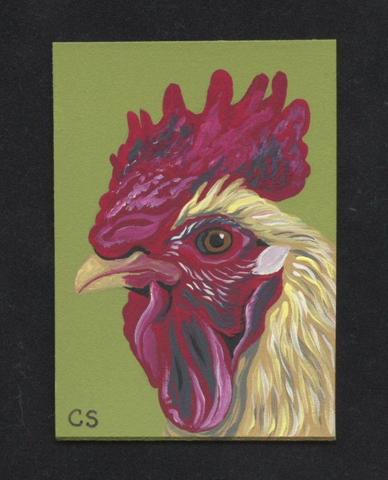 ACEO ATC Original Miniature Painting Rooster  Chicken Farmyard Art-Carla Smale
