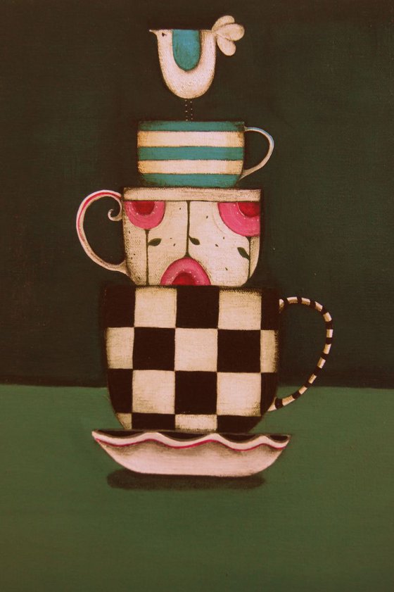 Tea Cups with Wee Bird A-Top..,