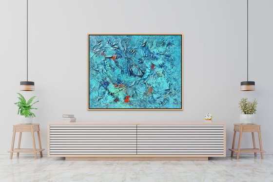 UNBELIEVABLE SUMMER. Abstract Blue, Teal, Turquoise Textured Coastal Large Painting