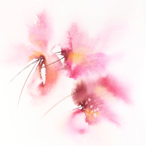 Pink abstract flowers watercolor painting by Olga Grigo