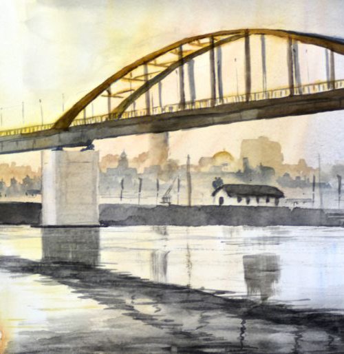 Morning above old bridge, Belgrade - original watercolor painting by Nenad Kojić by Nenad Kojić watercolorist