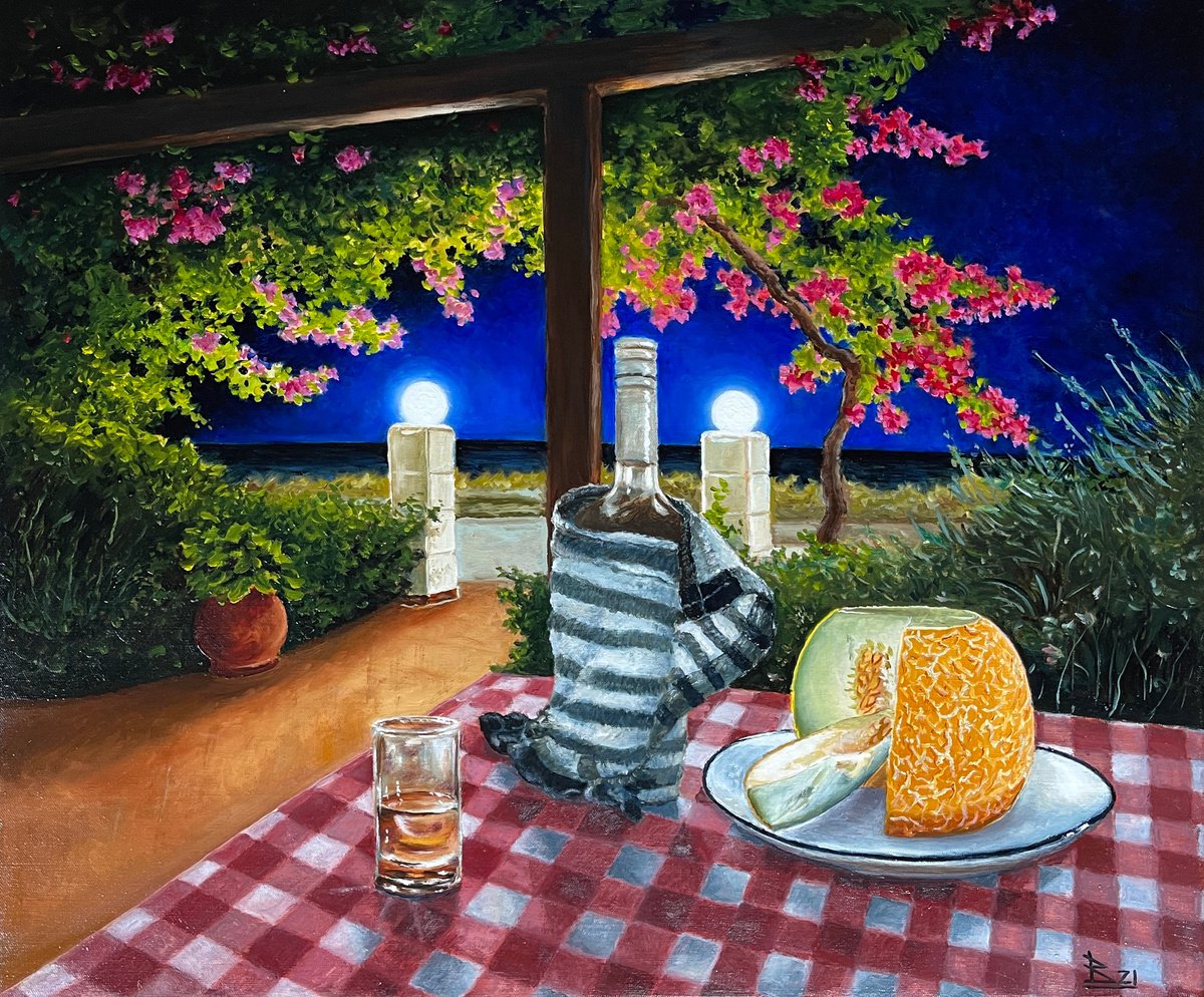 Impressionistic Still Life Oil Painting By Oleg Baulin, 24 X 20", A Warm Evening In Rhodes, Original Artwork