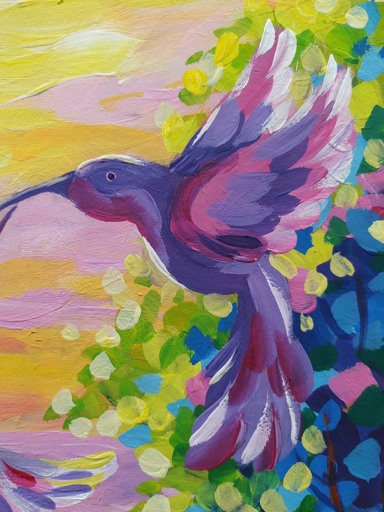 Peaceful time - acrylic, sunset, flowers, landscape, trees, forest, painting, landscape art, trees acrylic painting, birds, birds in love, painting, landscape painting