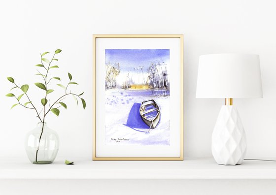 Boat at the winter river original watercolor painting blue sky painting small format gift idea