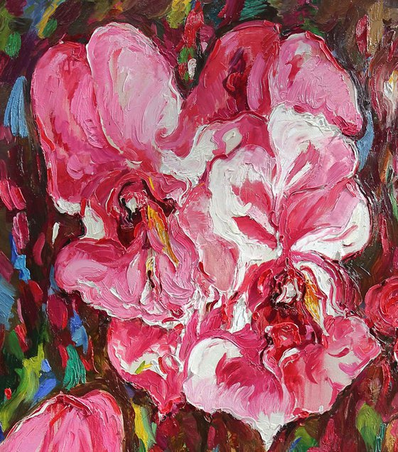 ORCHIDS -  XXL Large Floral Art - easel original oil painting for sale  - flower big panel purple pink nature office interior home decor, 200x150