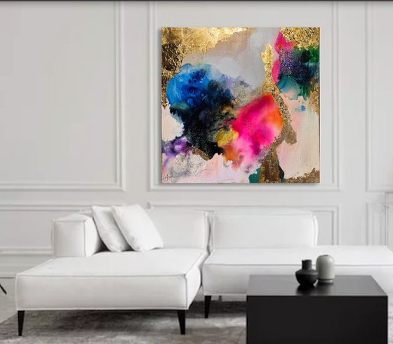 large colorful abstract with gold leaf vibrant  painting rainbow abstract