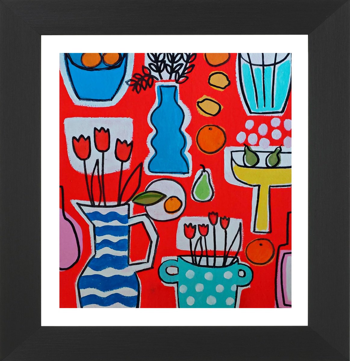 Naive Still Life Acrylic Painting By Jan Rippingham, 12 X 13, Red Still Life Ii, Original Artwork