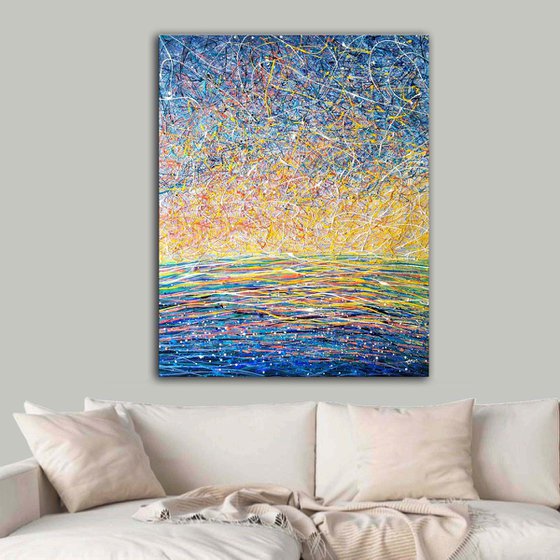 Bright abstract Yellow blue painting Sunrise at sea