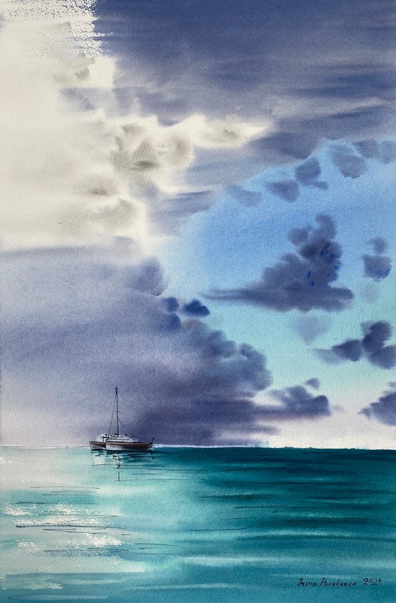 Sea thunderstorm  boat original artwork, decor for livingroom, medium size, blue colors