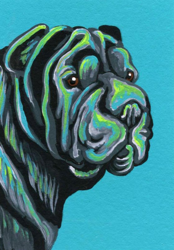 ACEO ATC Original Painting Shar-Pei Pet Wrinkle Dog Art-Carla Smale