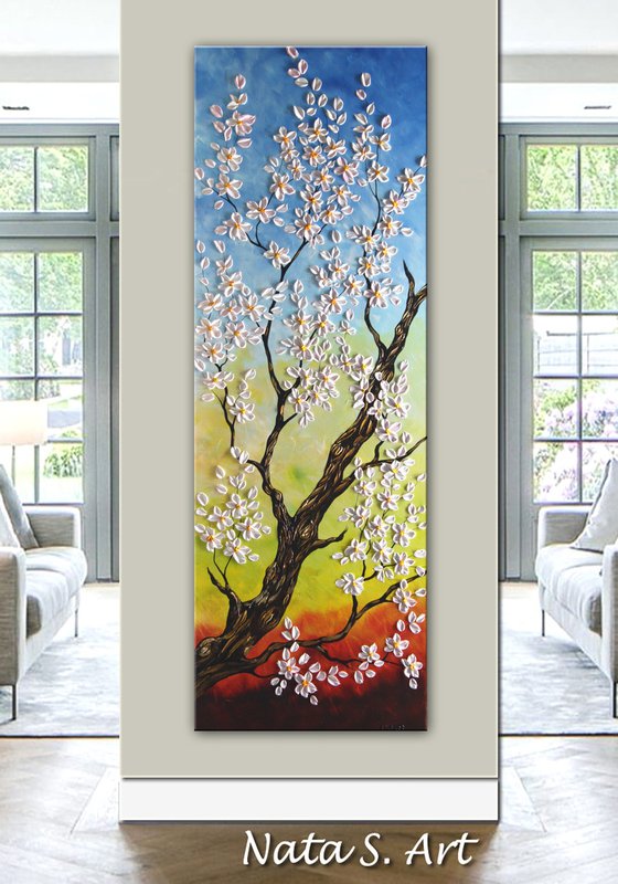 Blossom Plum -  Large Textured Flowers Painting 60" x 20"